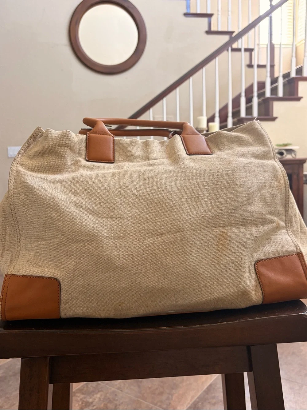 Tory Burch Beige Canvas Tote with Brown Leather Trim and Embroidered Medallion
